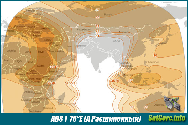 Карта покрытия спутника ABS 1, Луч: Расширнный A
