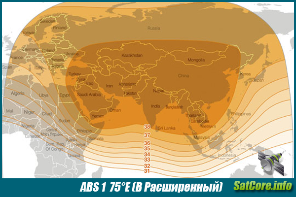 Карта покрытия спутника ABS 1, Луч: Расширенный B