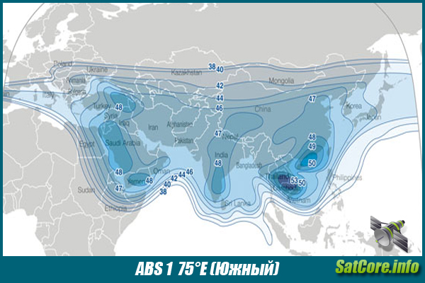 Карта покрытия спутника ABS 1, Луч: Южный
