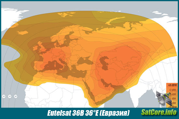 Карта покрытия спутника Eutelsat 36B (Луч : Евразийский)