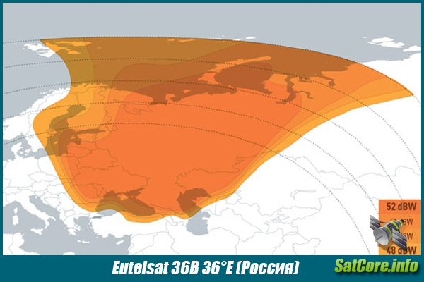 Карта покрытия спутника Eutelsat 36B (Луч : Российский)